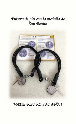 Pulsera de piel con medalla de San Benito - Acero inoxidable