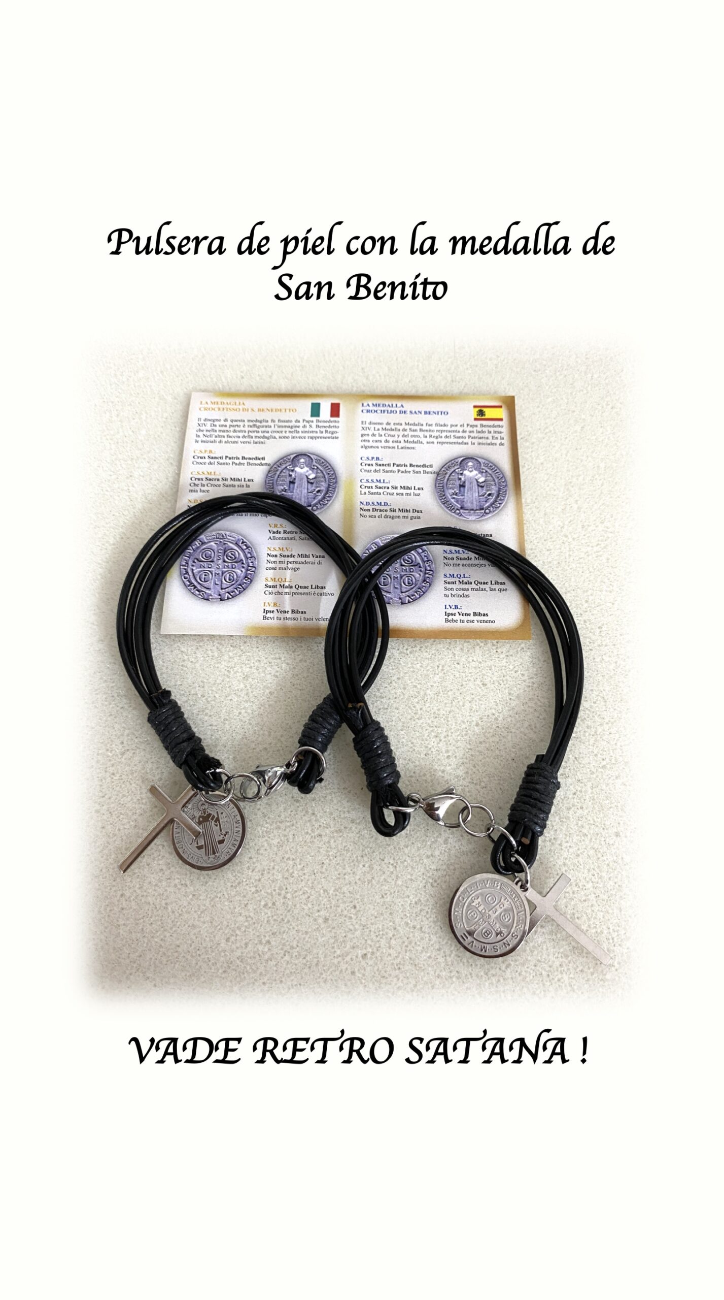 Pulsera de piel con medalla de San Benito - Acero inoxidable